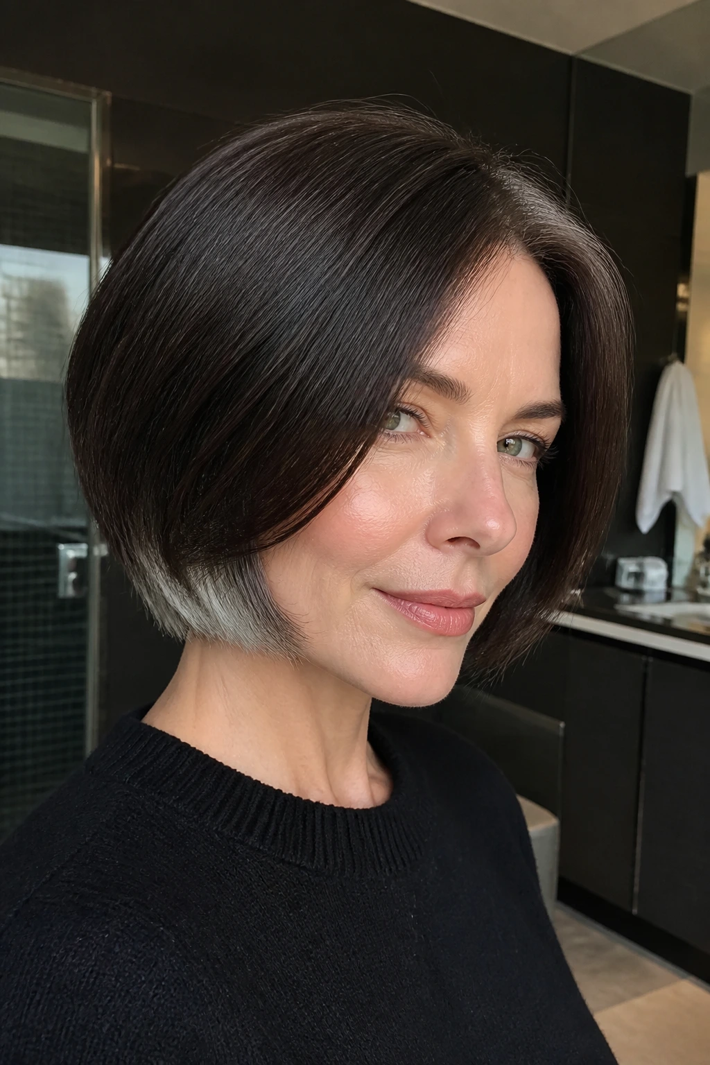 Portrait of a real person with a smoky espresso bob and silver nape