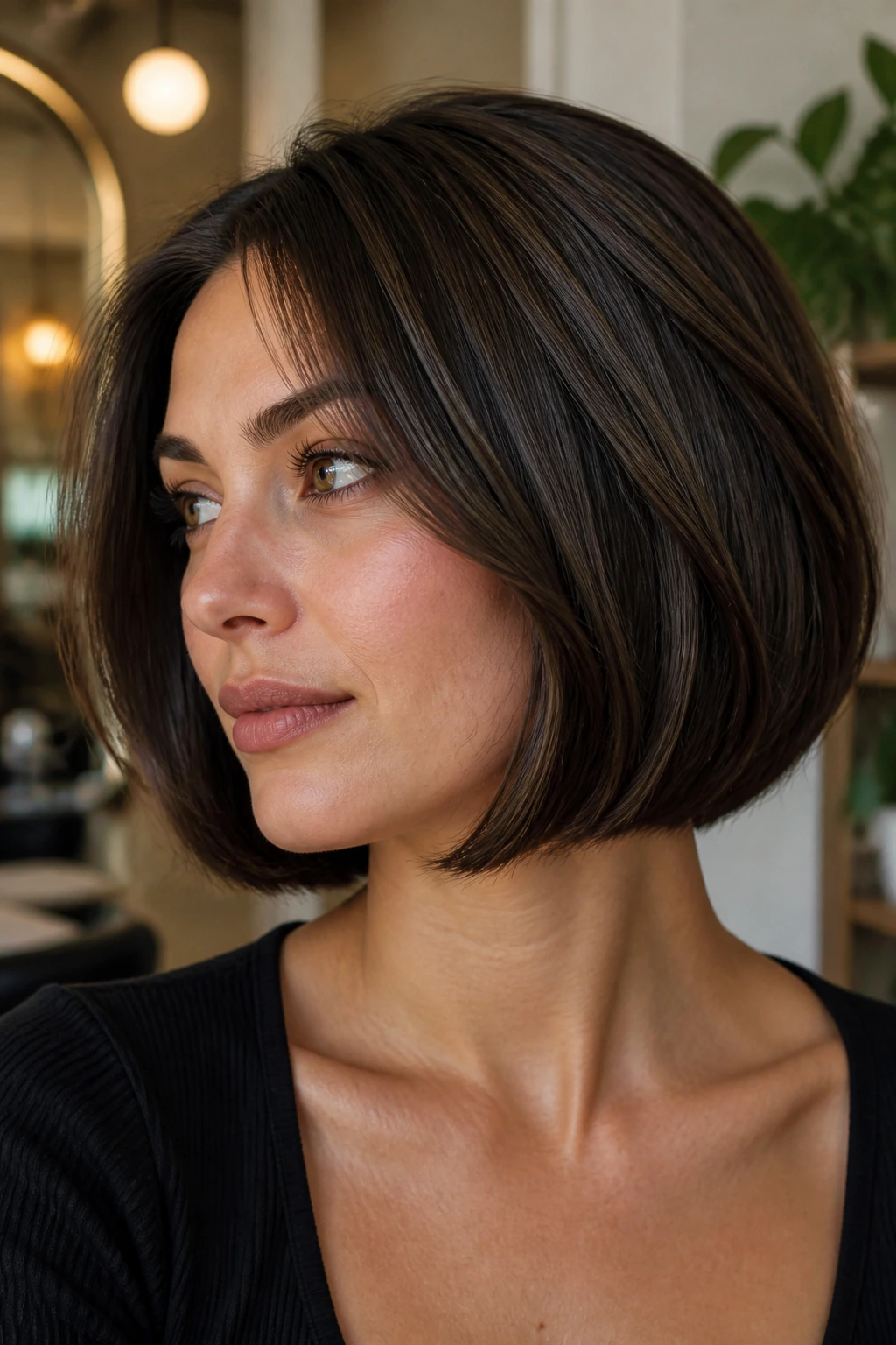 Portrait of a woman with smoky espresso lowlights in a blunt bob.