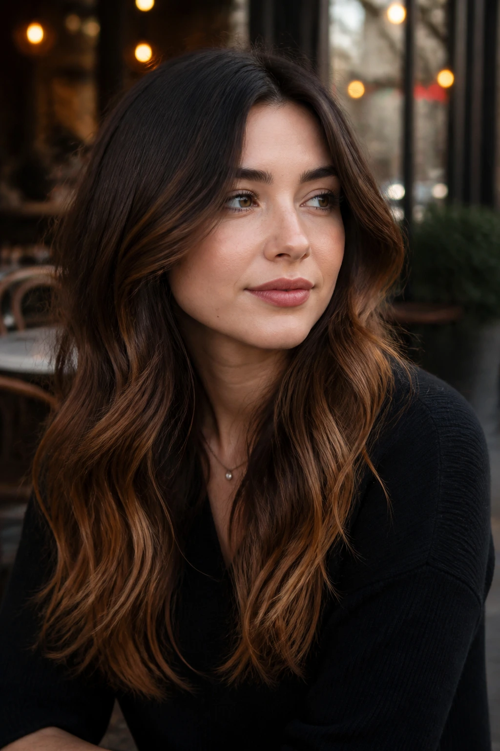 Close-up of a real woman with smoky espresso roots and toffee ends in soft evening light
