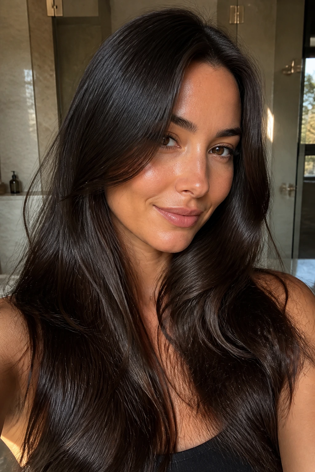 Brunette with smoky espresso gloss and glossy texture