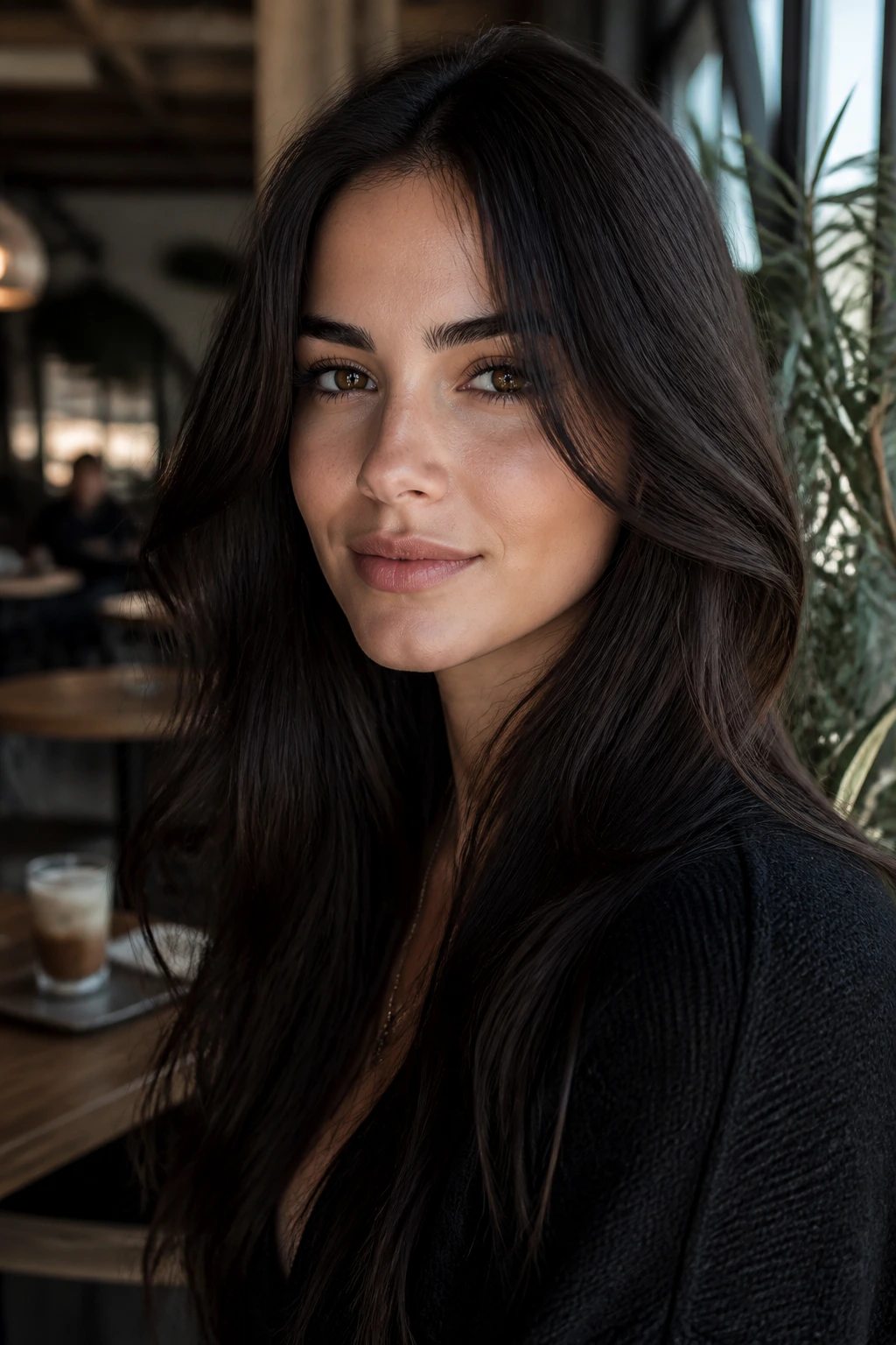 Portrait of a woman with smoky espresso hair and cool skin tones in cafe lighting.