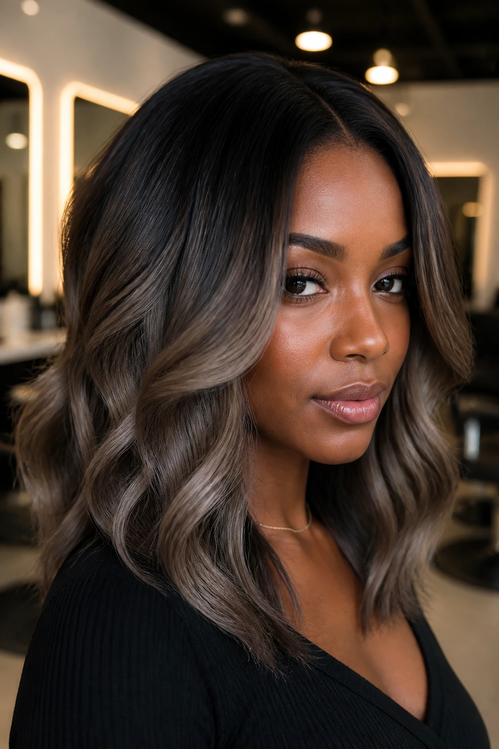 Close-up of deep skin model with smoky espresso melt hair color