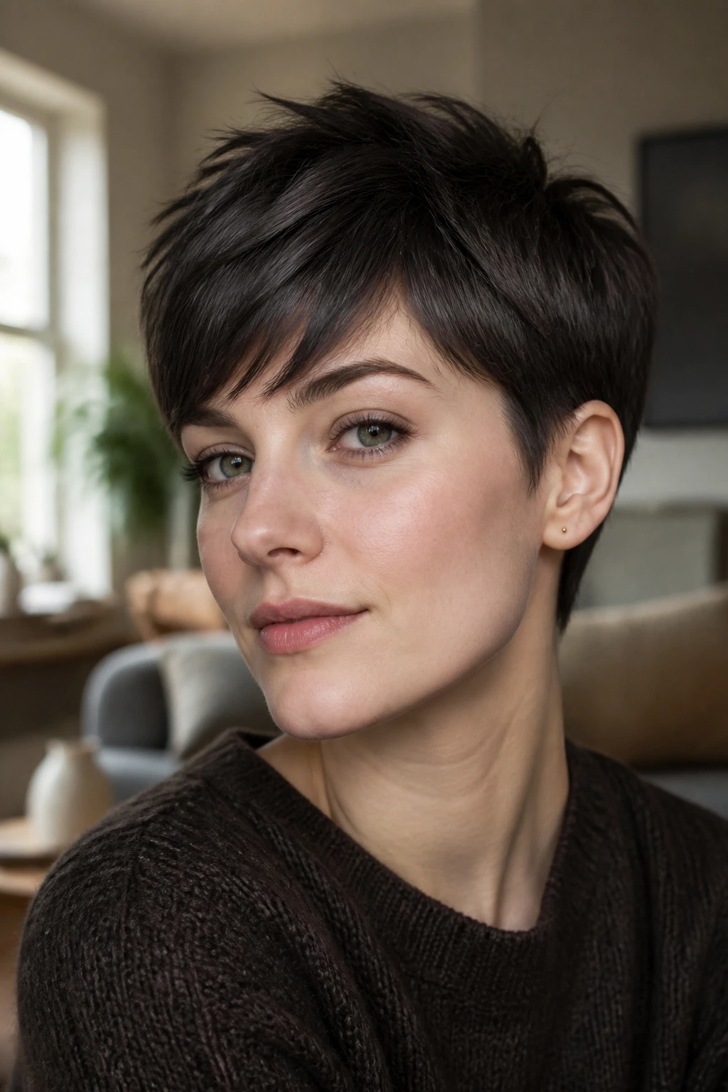 Portrait of a real woman with a smoky espresso pixie hairstyle.