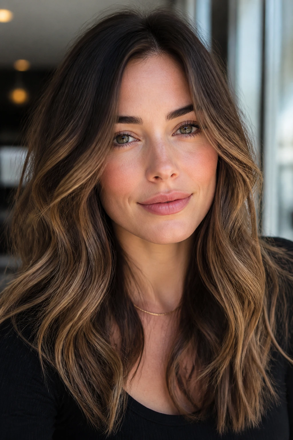 Close-up of smoky gold highlights on brunette hair on a real person