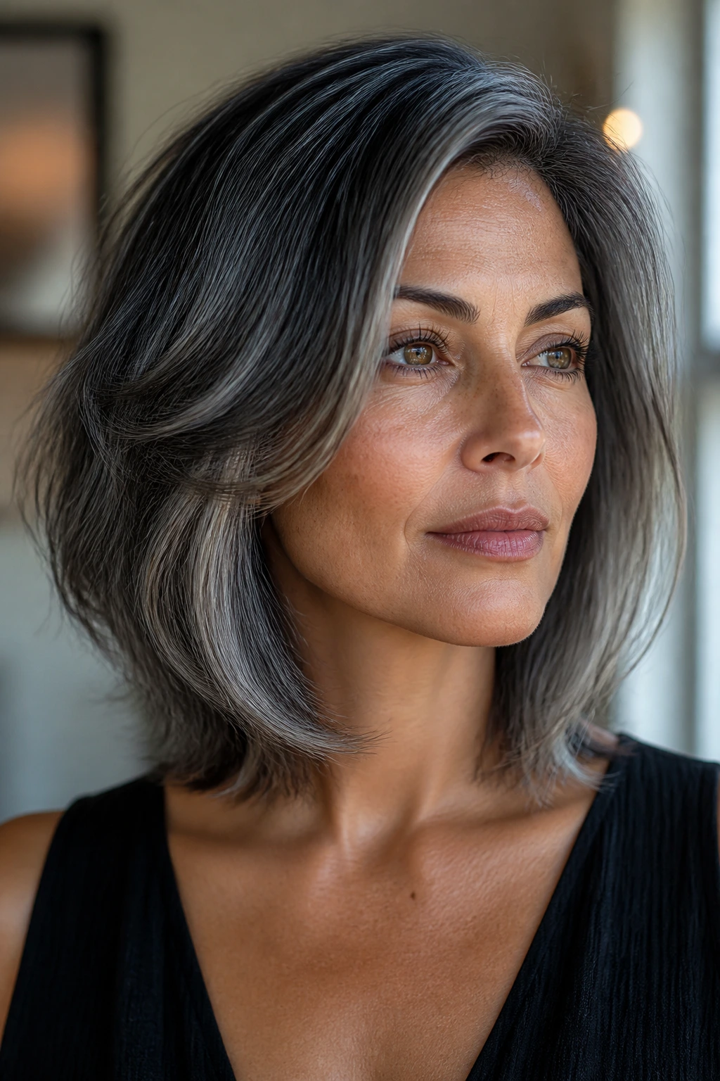 Portrait of olive-skinned woman with smoky gray hair and rich depth.