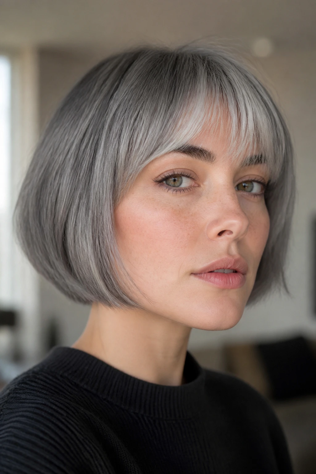 Close-up portrait of a real woman with smoky grey French bob and chin-length edge