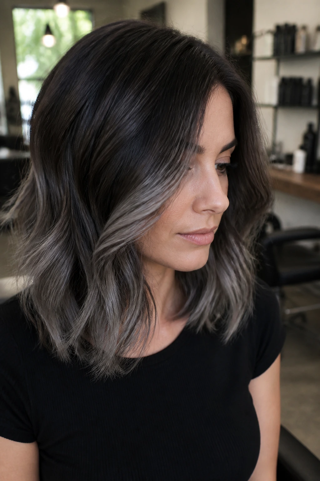Portrait of a person with smoky grey brunette balayage variations
