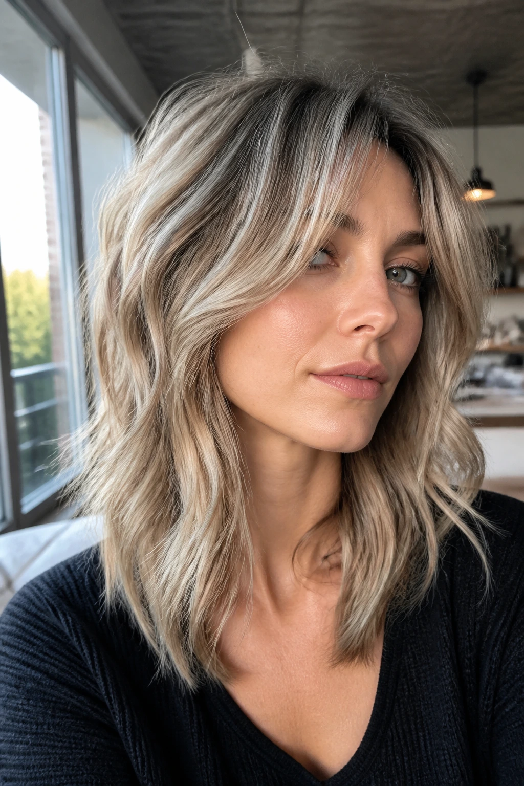 Close-up portrait of a person with a medium shag and smoky highlights.