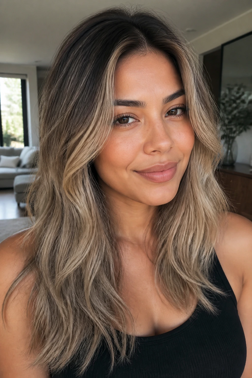 Close-up of a real woman with smoky honey ash balayage on medium skin