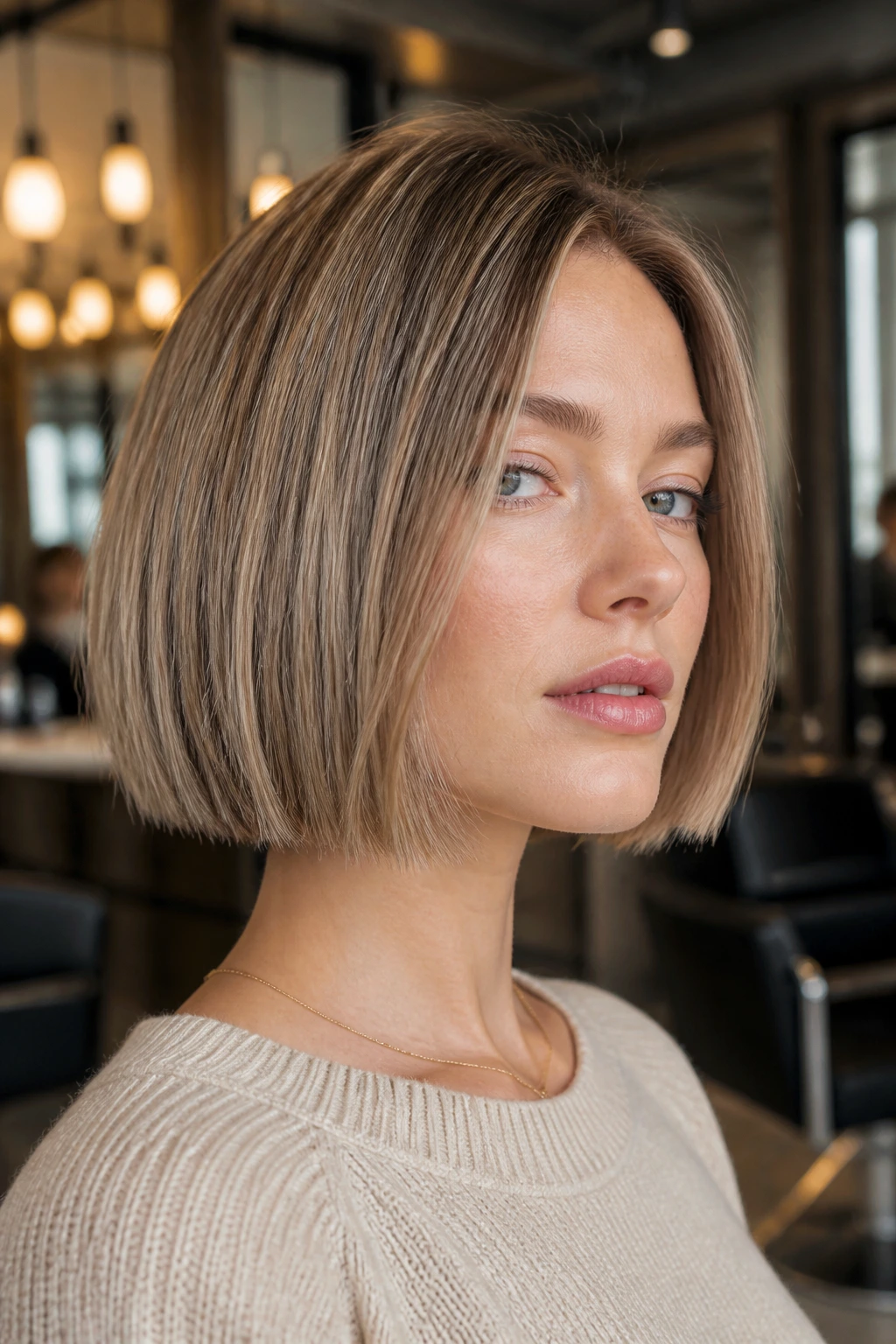 Close-up portrait of a real woman with Smoky Honey Bob in a salon setting