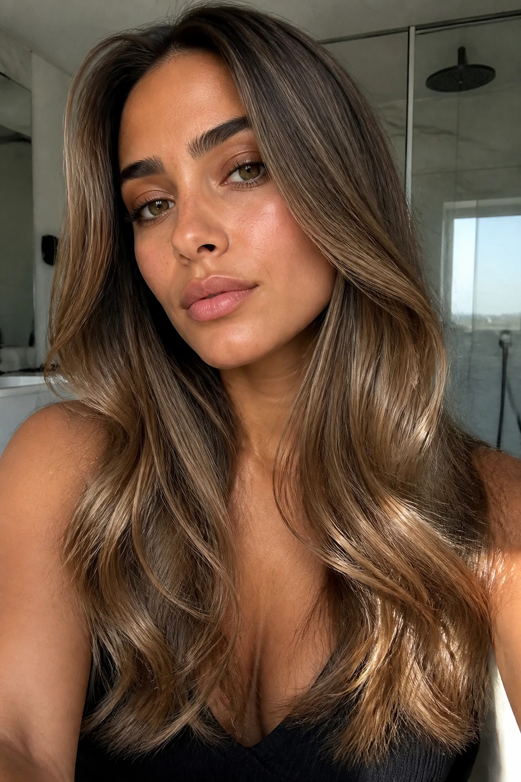 Close-up of smoky honey hair with glossy ends on olive-skinned woman