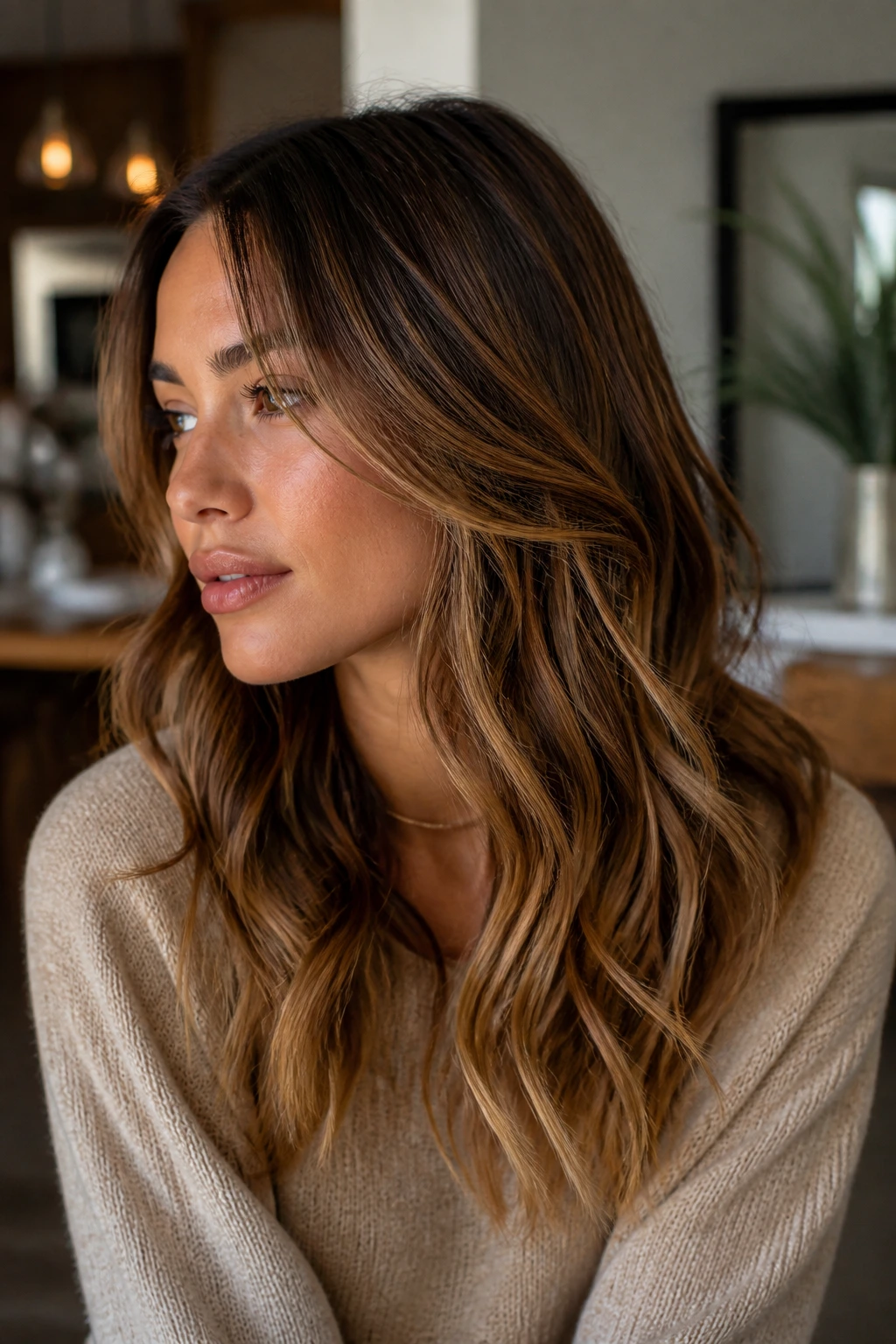Close-up portrait of a real woman with smoky honey on medium brown hair.