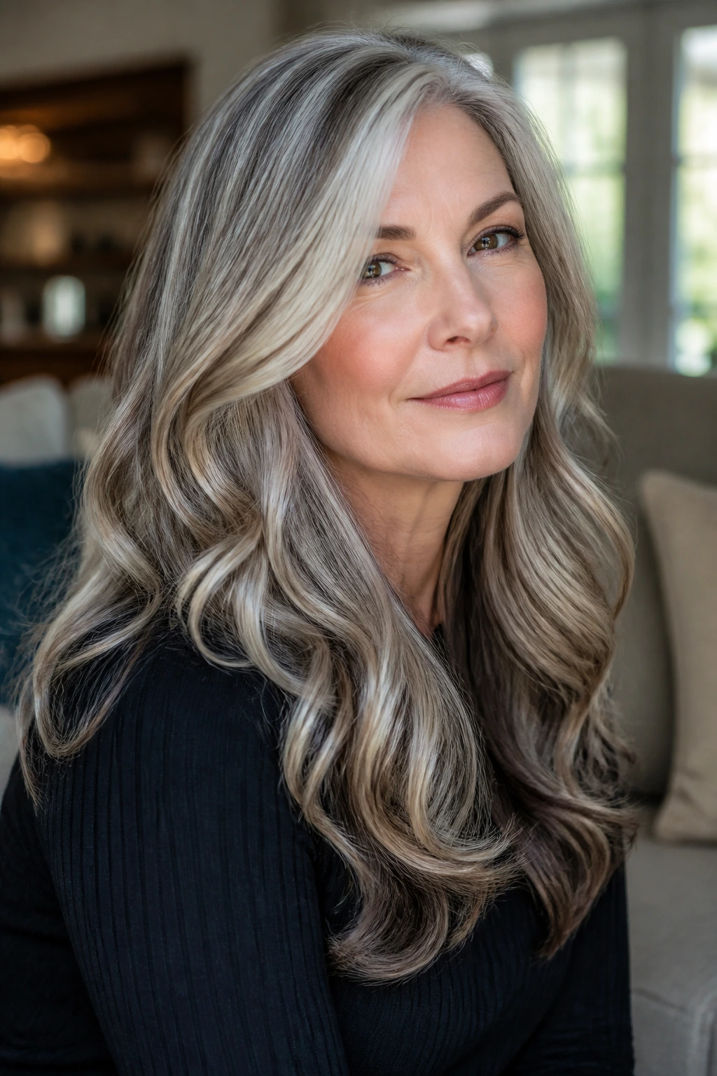 Close-up of a woman with long layered hair and smoky lowlights in soft curls