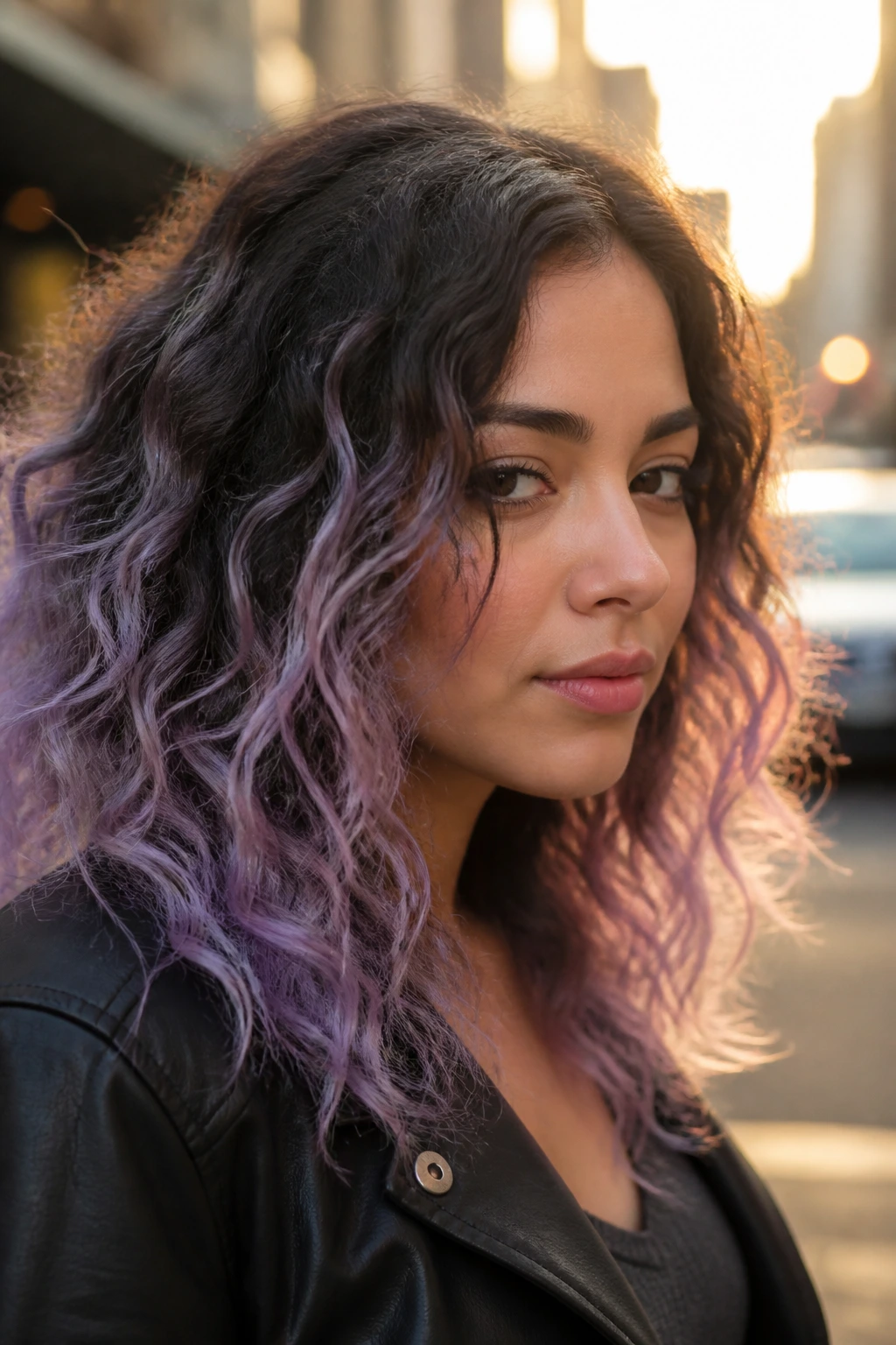 Close-up of smoky lilac ends on natural curls with roots transitioning to lilac.