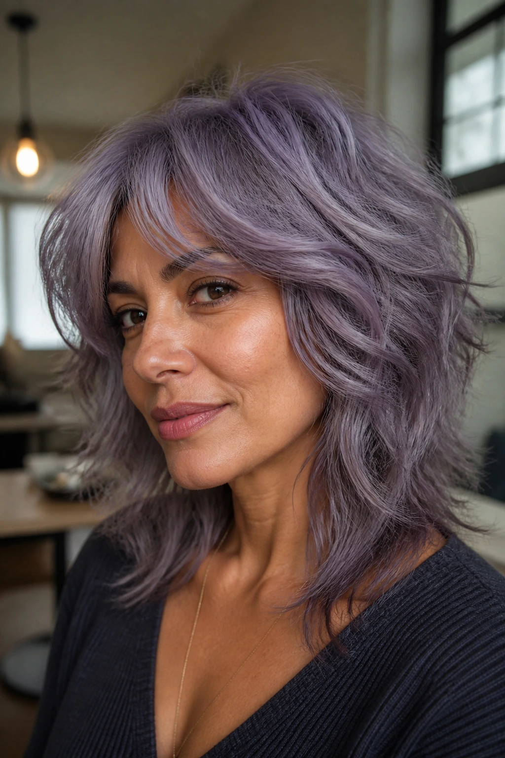 Close-up of a real woman with smoky lilac gray shag in soft lighting