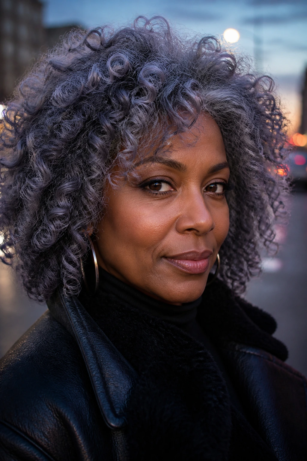 Close-up of a person with smoky lilac grey hair and dark lowlights outdoors at dusk