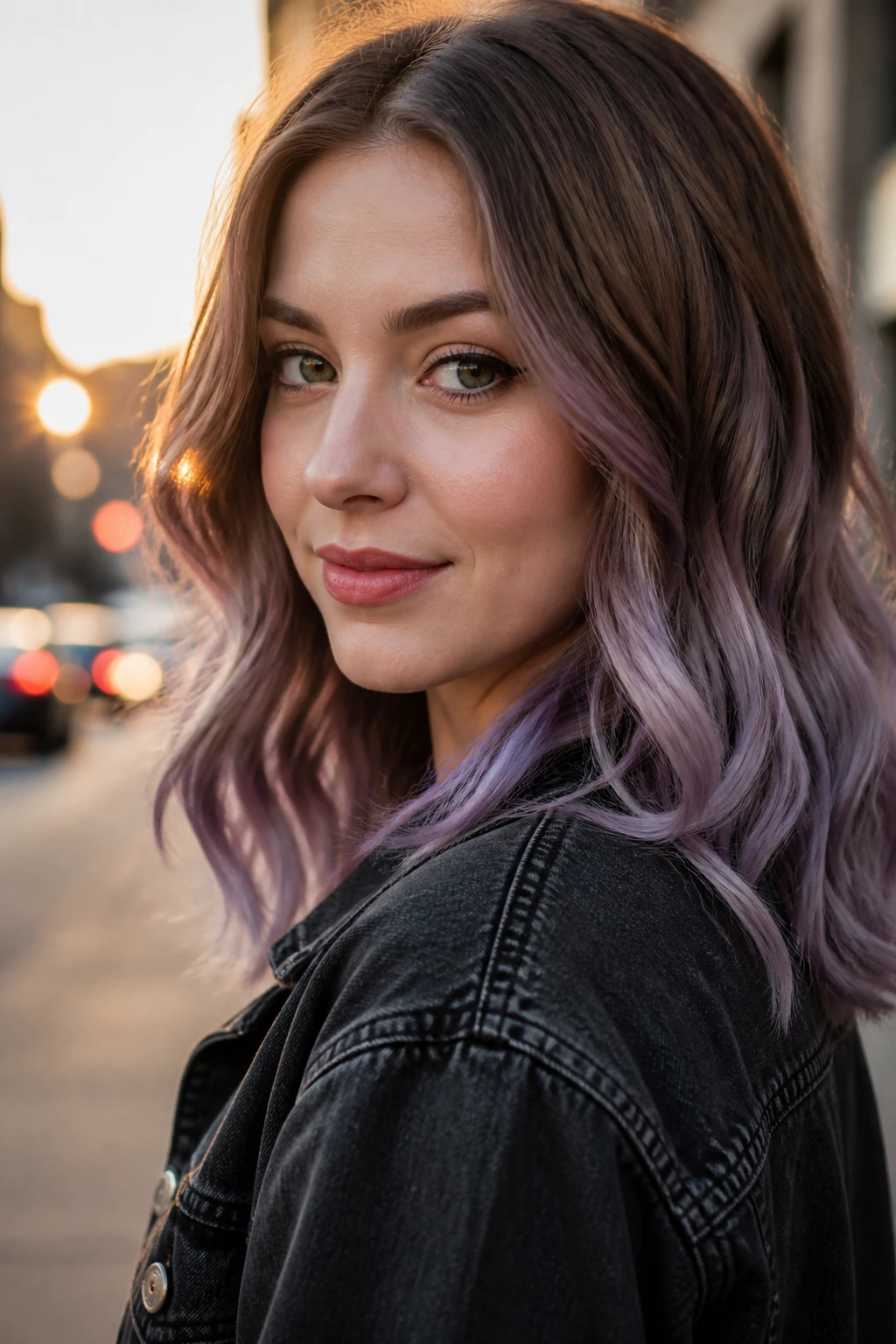 Portrait of a woman with smoky lilac pastel fade.