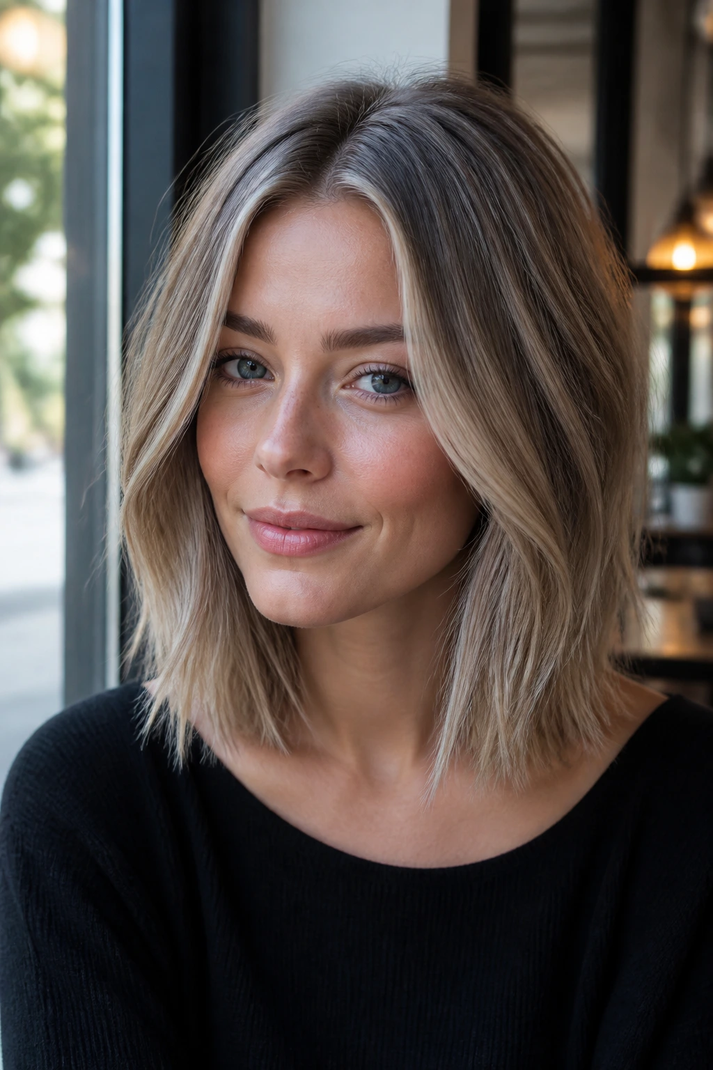 Portrait of a woman with a smoky ash balayage lob and a soft middle part