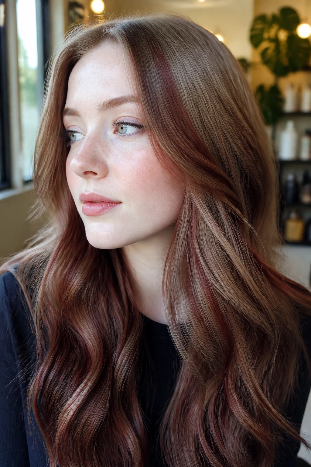 Close-up portrait of a real woman with porcelain skin and smoky mahogany lowlights.
