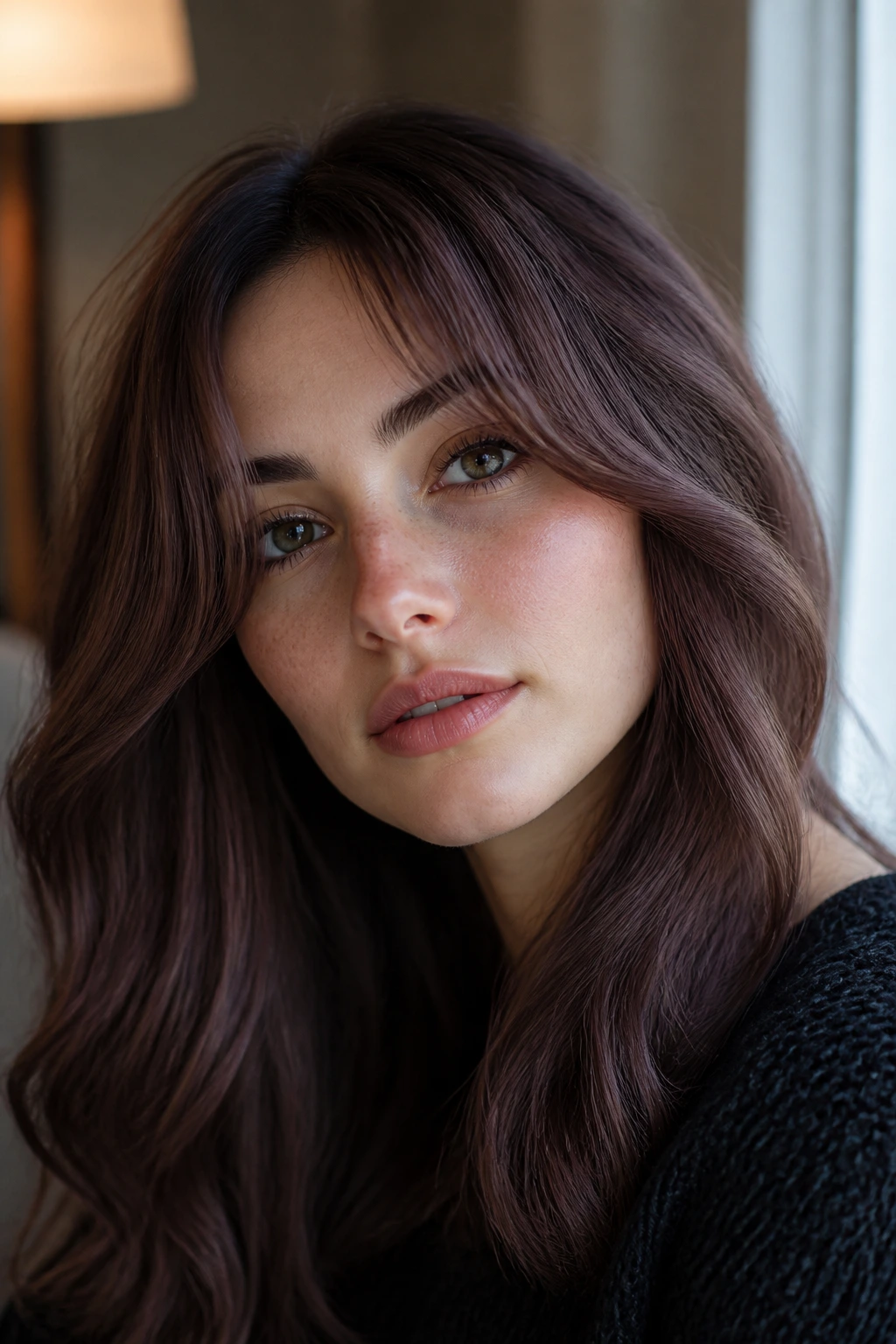 Close-up portrait of a real woman with smoky mauve brown hair