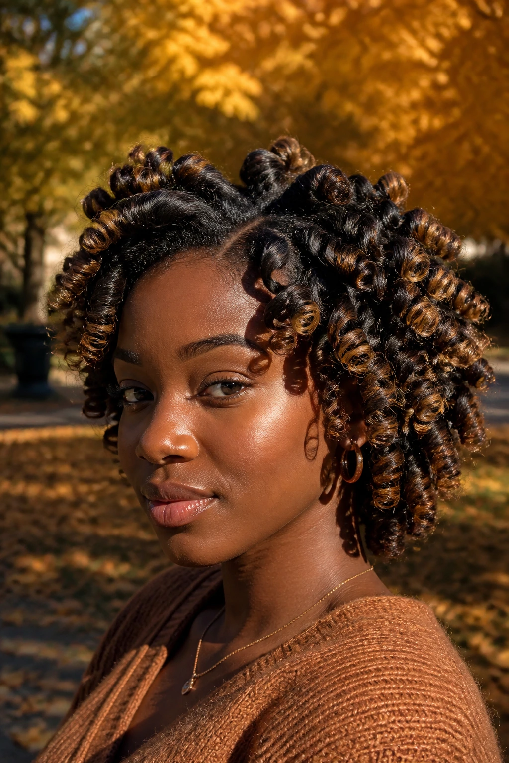 Real woman with smoky mocha bantu knot-out hairstyle