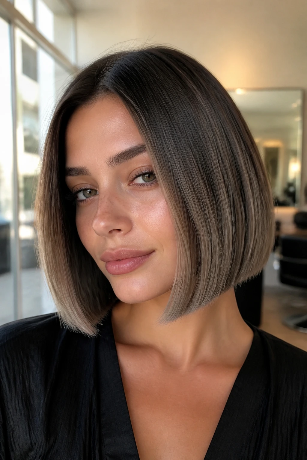 Close-up of a woman with a blunt smoky mocha bob and cool-toned ends