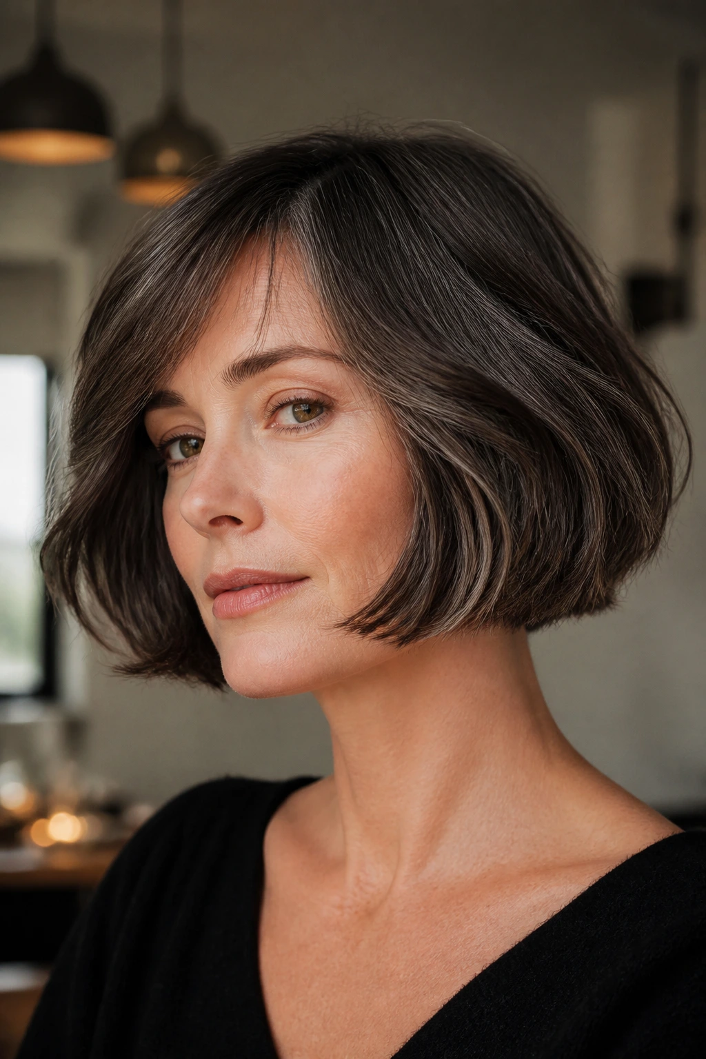Portrait of real person with smoky mocha French bob