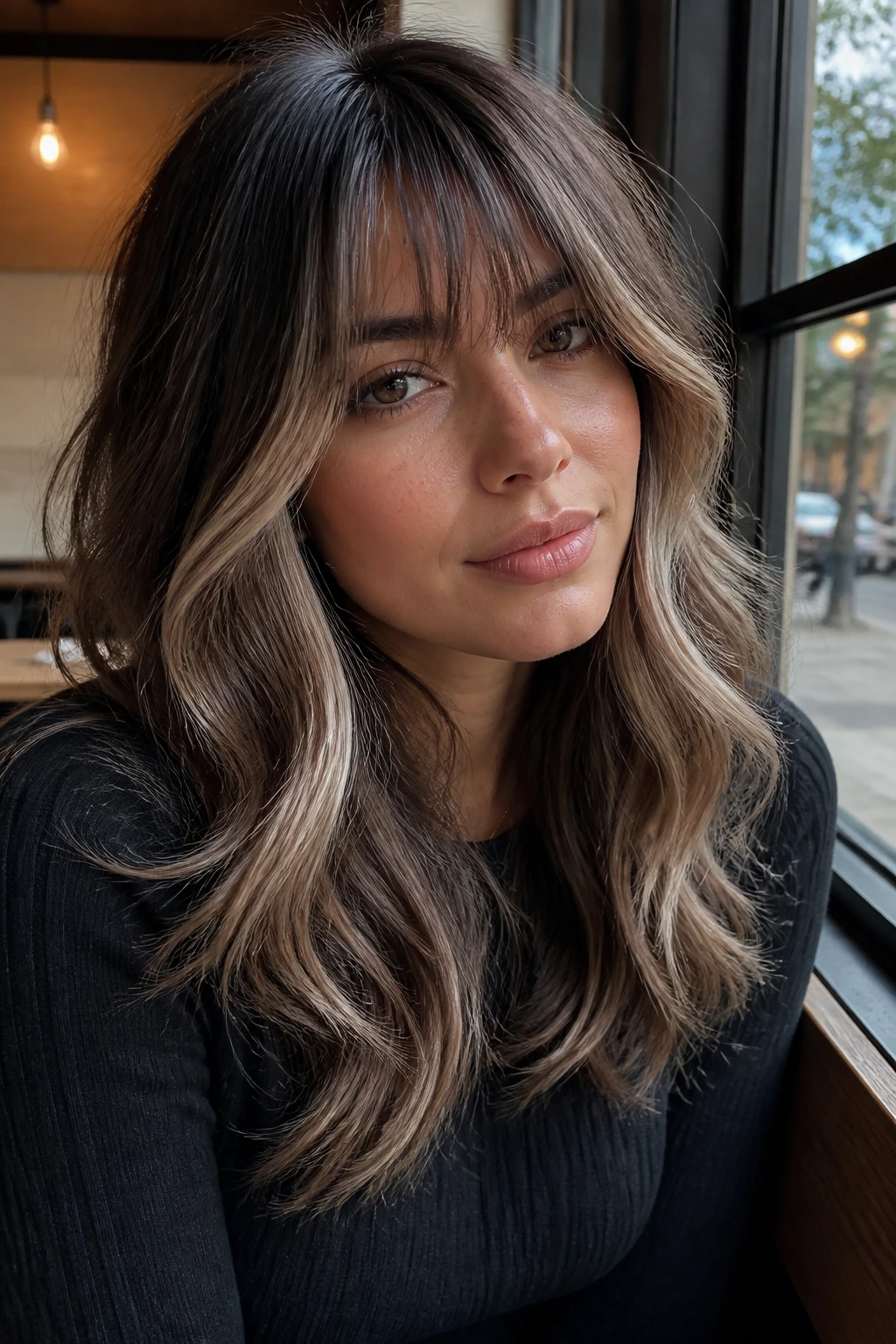 Portrait of a person with smoky mocha hair and shag bangs