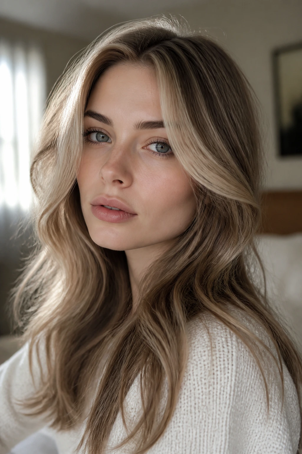 Portrait of a woman with smoky mocha veils contouring her face.