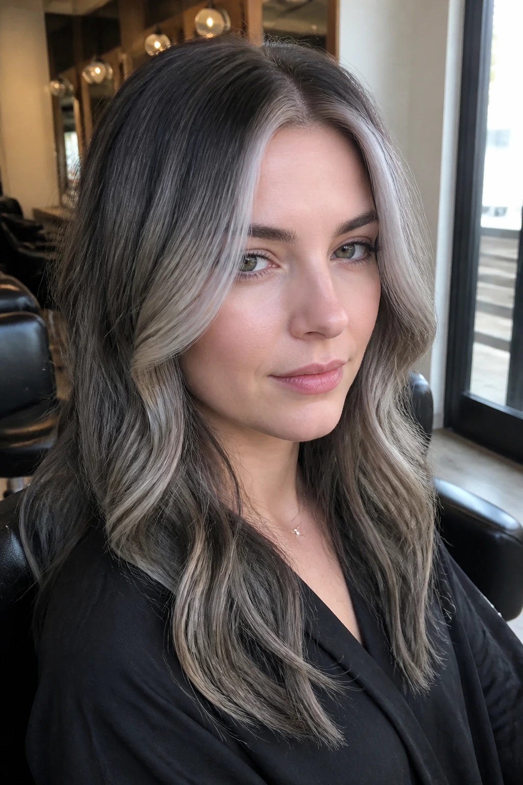 Portrait of a woman showcasing a smoky money piece with dim root melt for a cool frontal frame.