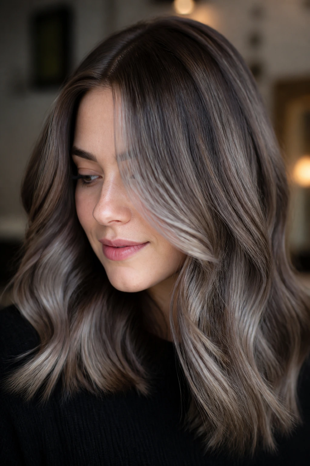 Close-up portrait of a real person with mushroom brown base and smoky grey balayage.