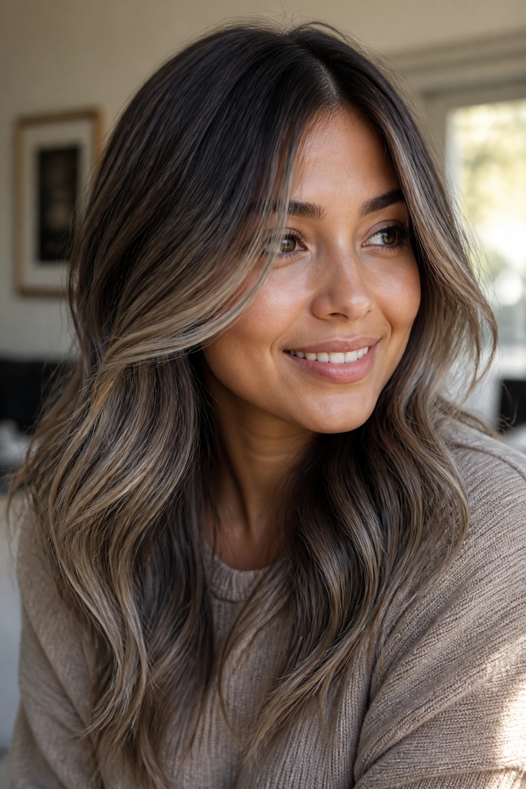 Close-up of a real person with smoky mushroom balayage and soft layered hair