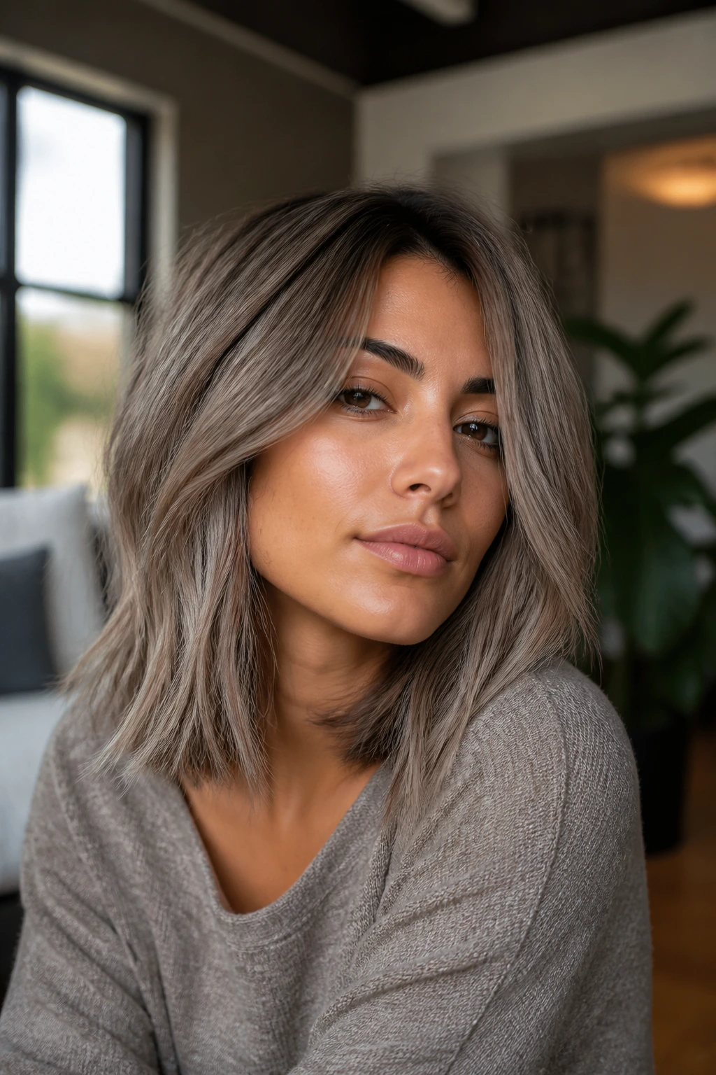Close-up portrait of a real woman with smoky mushroom blonde hair in natural light