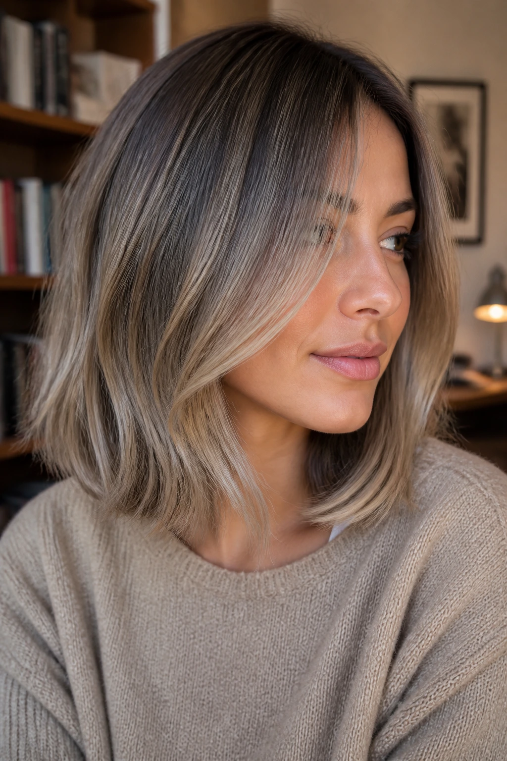 Woman with smoky mushroom blonde lob hairstyle