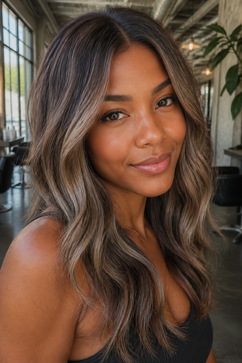 Close-up of a real woman with smoky mushroom bronde color
