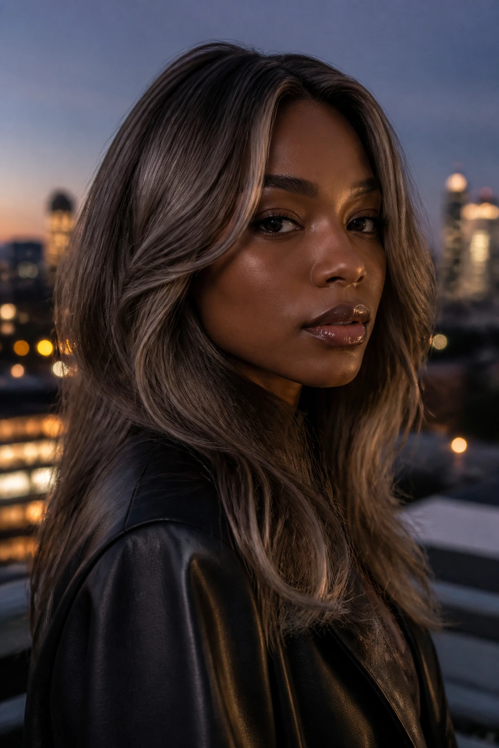 Close-up portrait of smoky mushroom brown hair in dusk urban setting