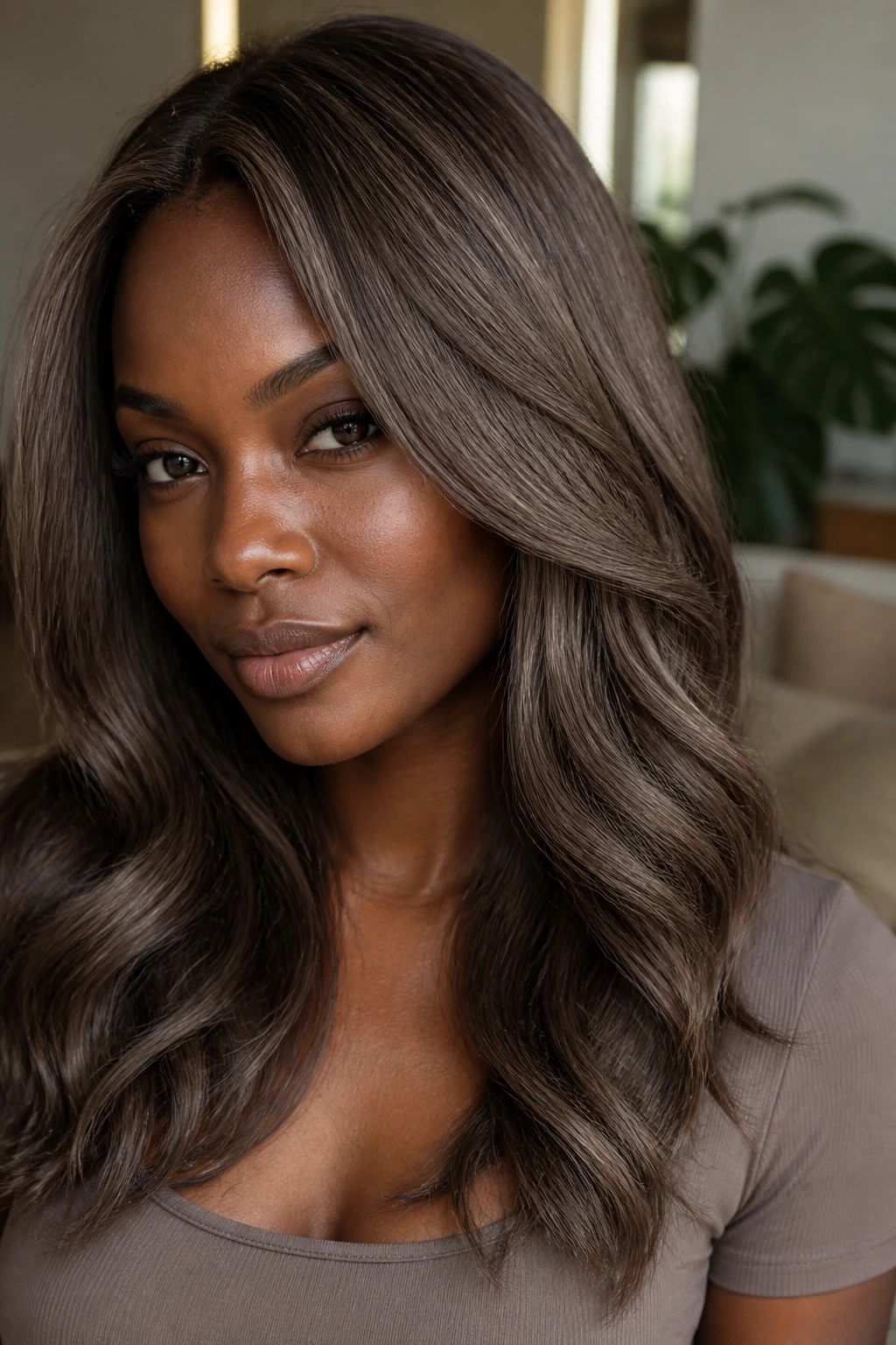 Close-up portrait of a real person with smoky mushroom brown hair
