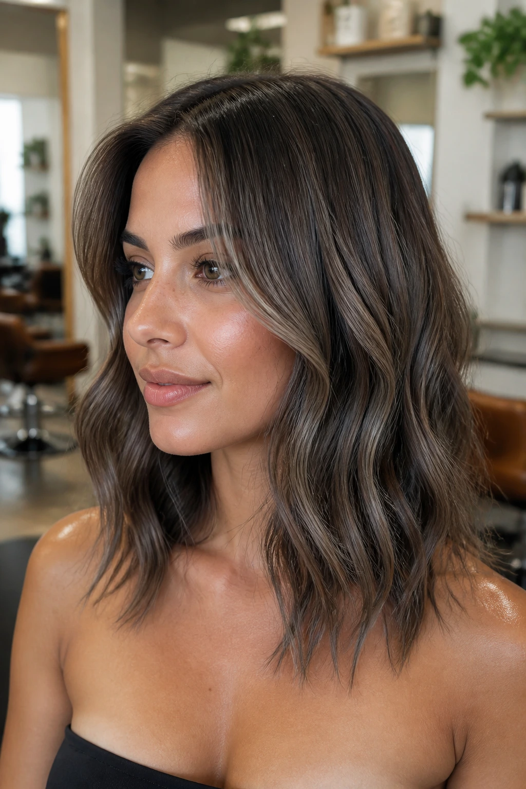 Real woman with cool brunette hair in smoky mushroom tones and a darker root