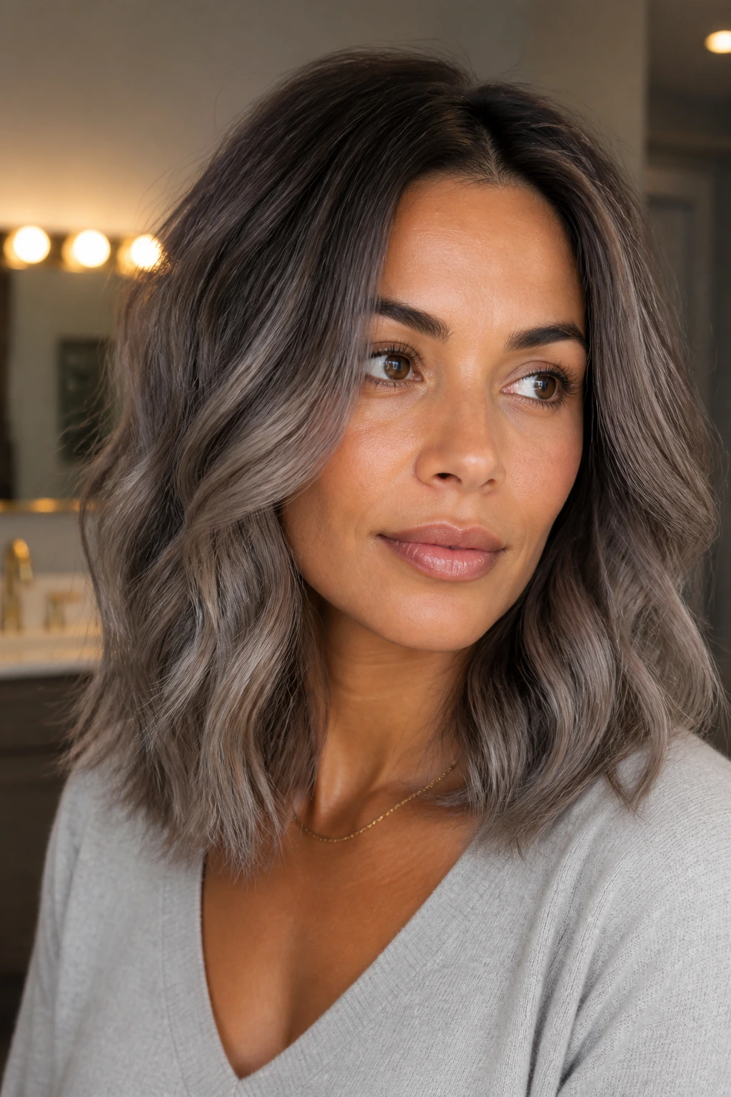 Close-up of a person with medium skin and smoky mushroom gray hair with a soft root shadow