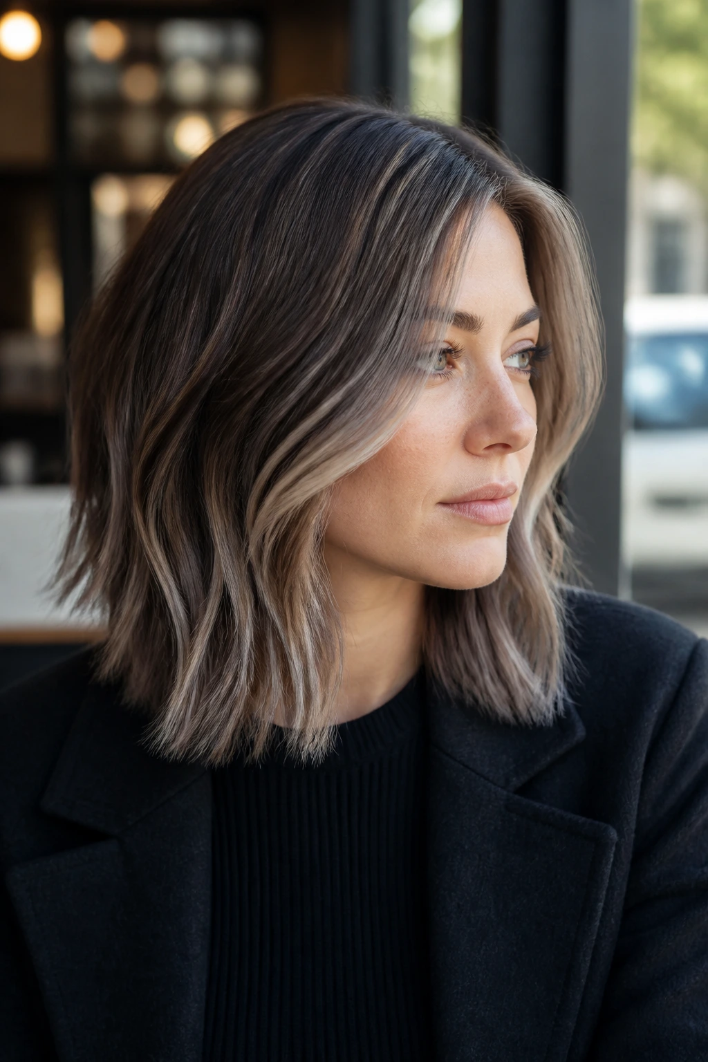 Portrait of woman with smoky mushroom lob hairstyle in cafe daylight
