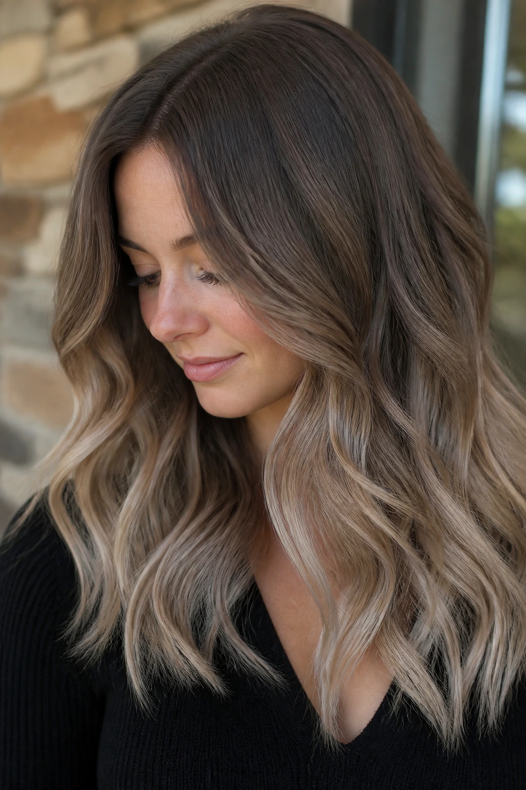 Portrait of a woman with smoky mushroom ombré hair showing gradient from roots to ends