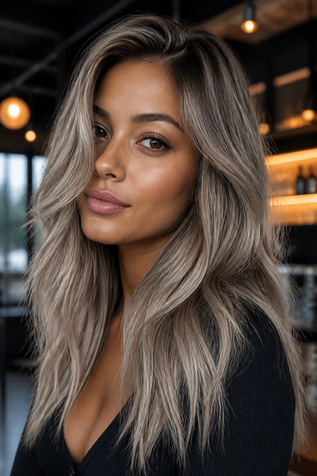 Close-up portrait of a woman with smoky mushroom platinum and tan skin
