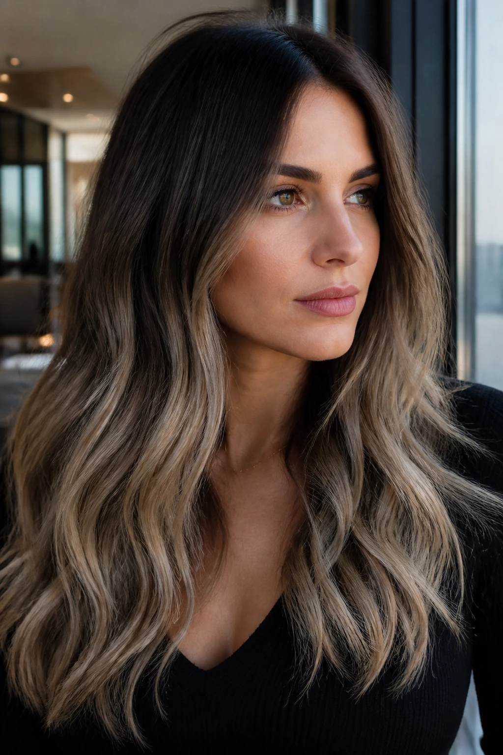 Close-up portrait of a woman with smoky ombré brunette hair and a smooth gradient from roots to ends