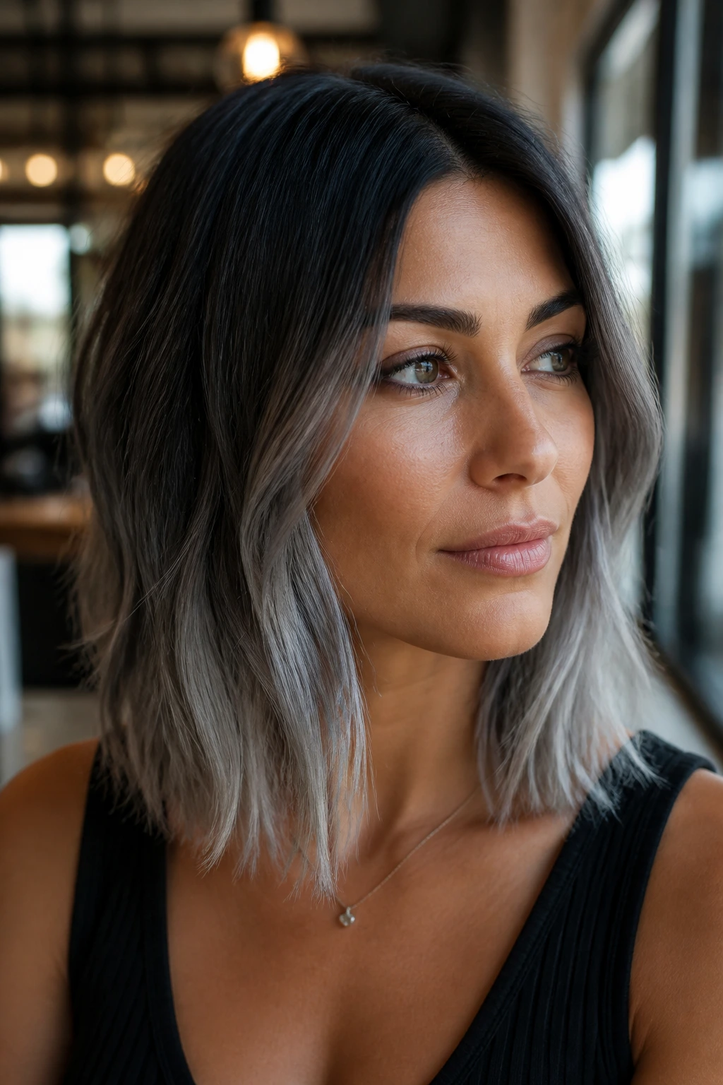 Close-up portrait of a real woman with smoky ombre lob hair on olive skin