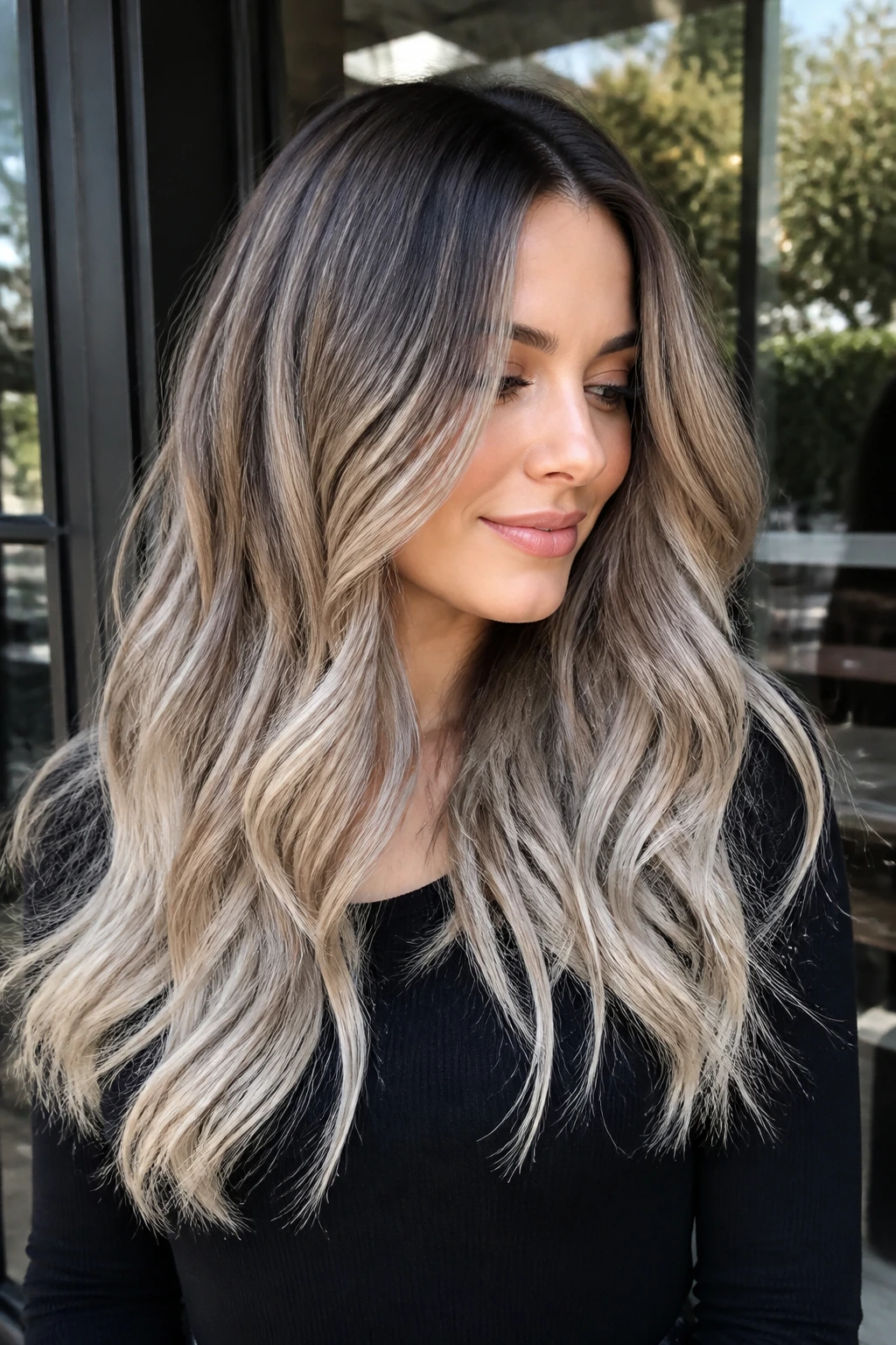 Medium close-up of thick, wavy hair in smoky ombre from dark roots to ash blonde.
