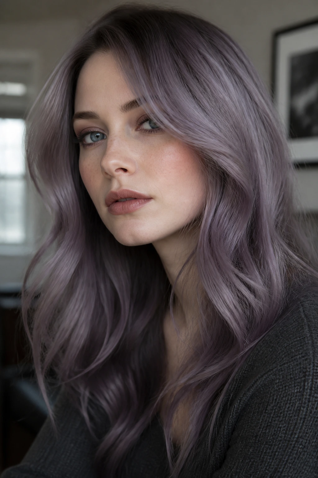 Portrait of a woman with smoky orchid grey hair showing a subtle purple undertone