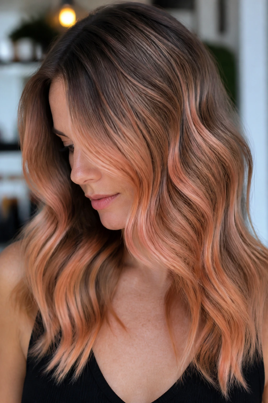 Portrait of smoky papaya balayage on cool-toned skin
