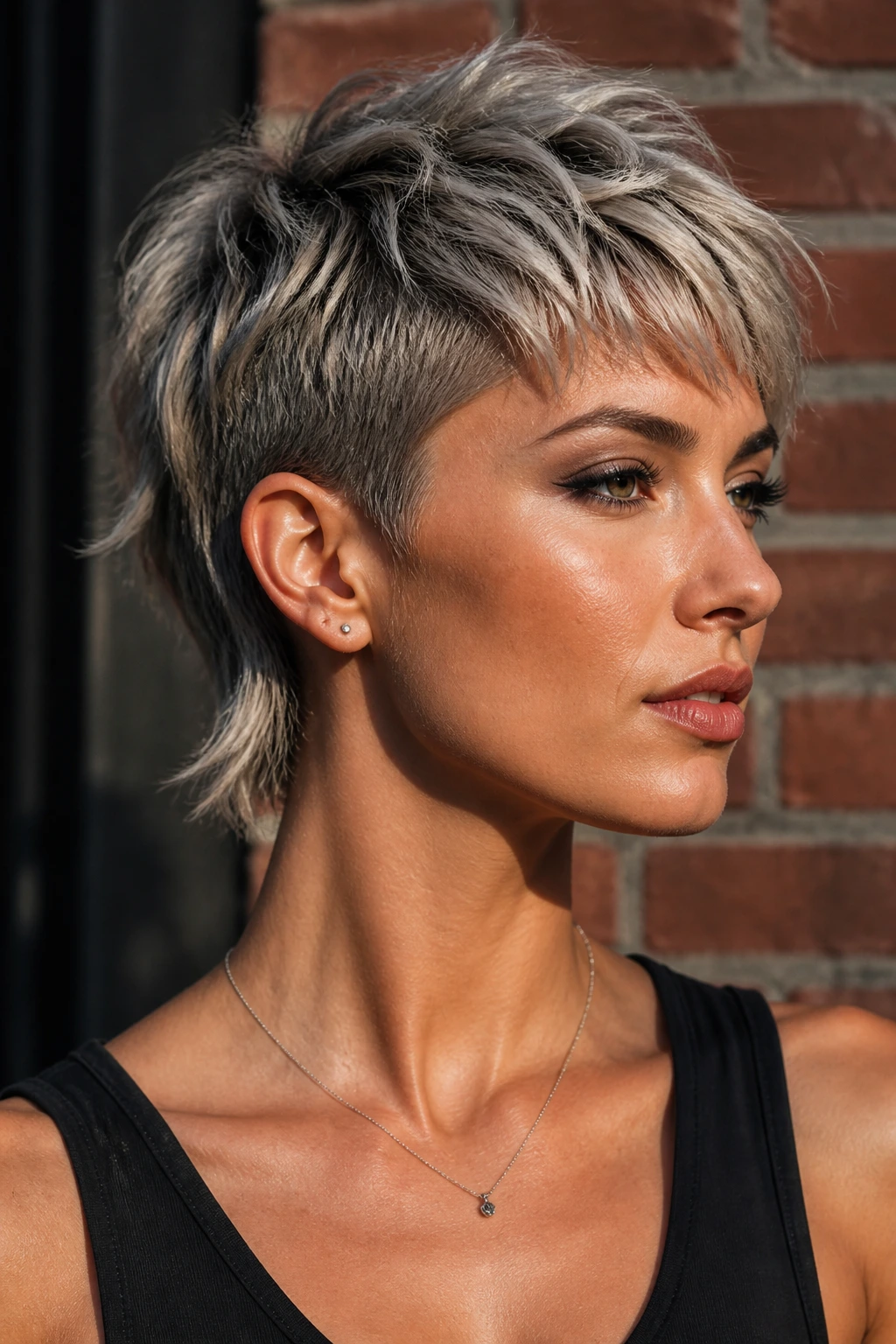 Real woman with smoky pearl pixie mullet on tan skin