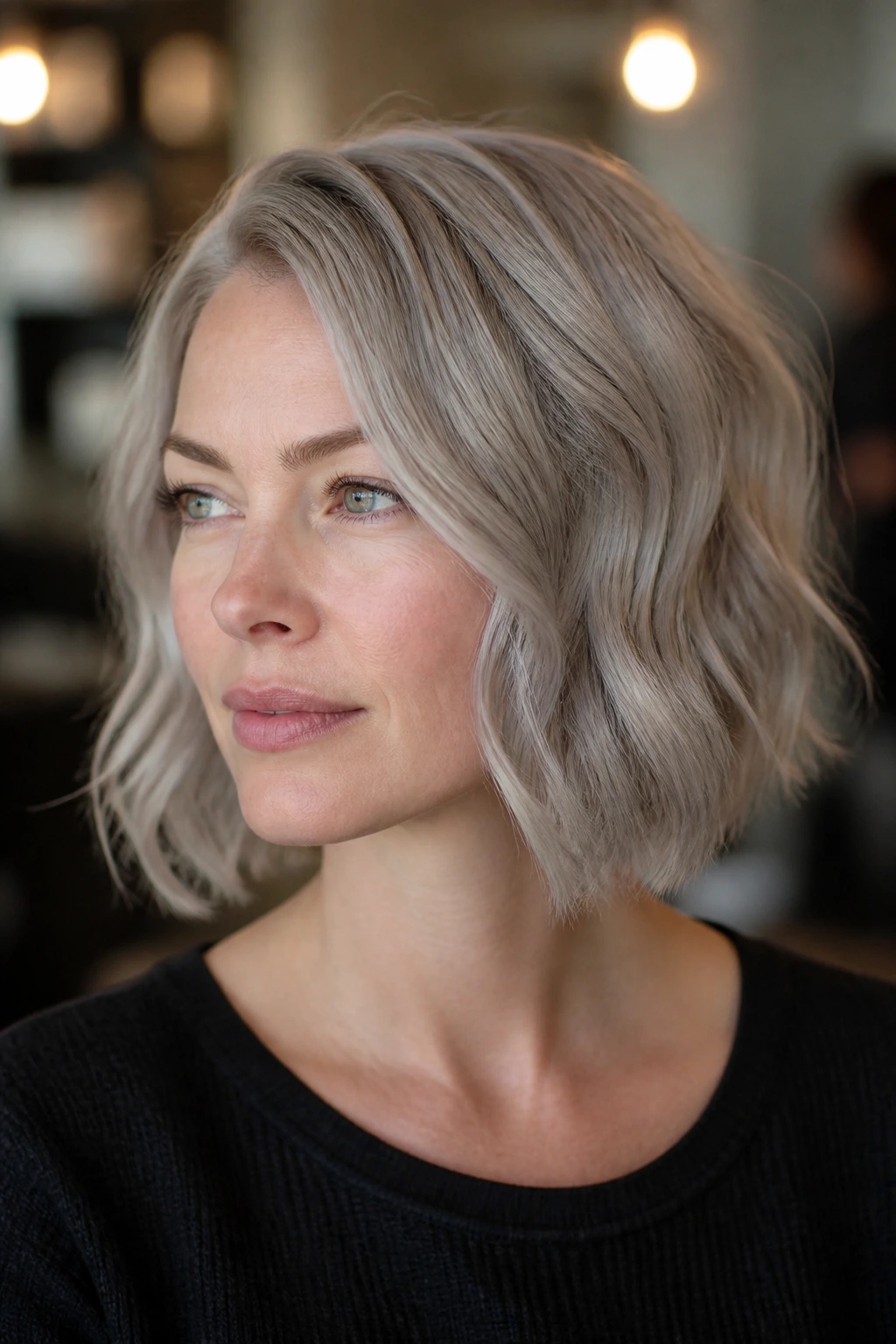 Close-up portrait of a real woman with smoky pearl steel hair