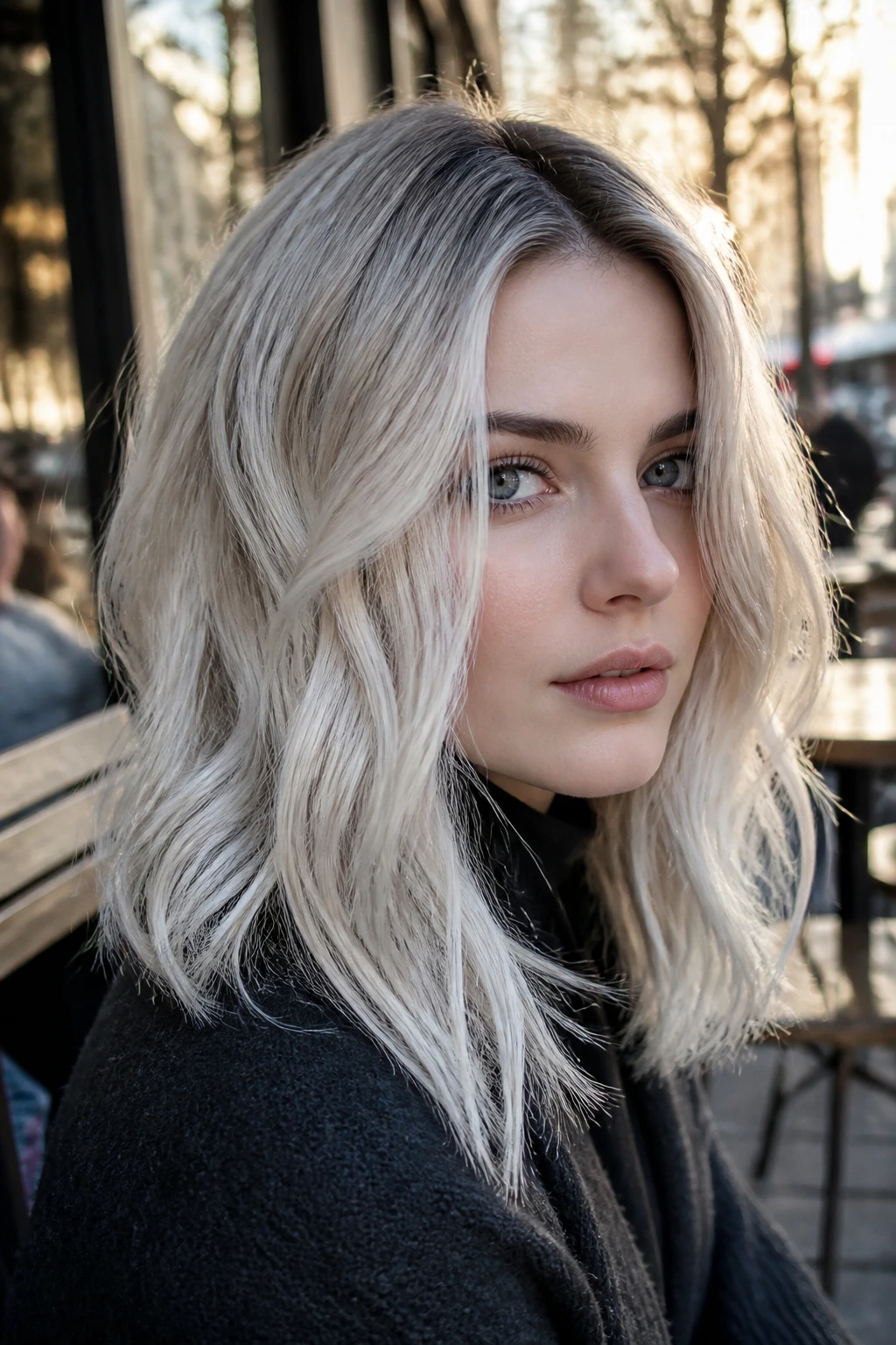 Pale-skinned model with smoky platinum hair and shadow root